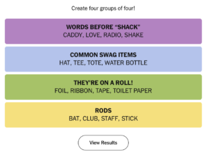Four bands. From top to bottom, they are colored purple, blue, green, and yellow. The purple one reads "Words before 'shack': Caddy, Love, Radio, Shake". The blue reads "Common swag items: Hat, Tee, Tote, Water Bottle". The green reads "They're on a roll! Foil, Ribbon, Tape, Toilet Paper". The yellow reads "Rods: Bat, Club, Staff, Stick".